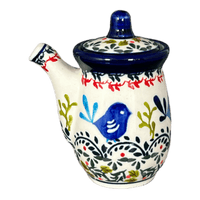 A picture of a Polish Pottery Zaklady Soy Sauce Pitcher (Circling Bluebirds) | Y1947-ART214 as shown at PolishPotteryOutlet.com/products/soy-sauce-pitcher-circling-bluebirds-y1947-art214