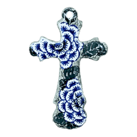 A picture of a Polish Pottery Cross, Large, 7.75" in "Blue Dahlia" by Ceramika Artystyczna | A533-U1473 as shown at PolishPotteryOutlet.com/products/large-cross-blue-dahlia-a533-u1473