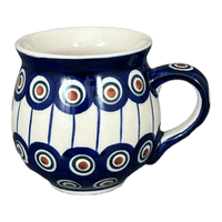 A picture of a Polish Pottery Small Belly Mug (Peacock in Line) | K067T-54A as shown at PolishPotteryOutlet.com/products/7-oz-belly-mug-peacock-in-line-k067t-54a