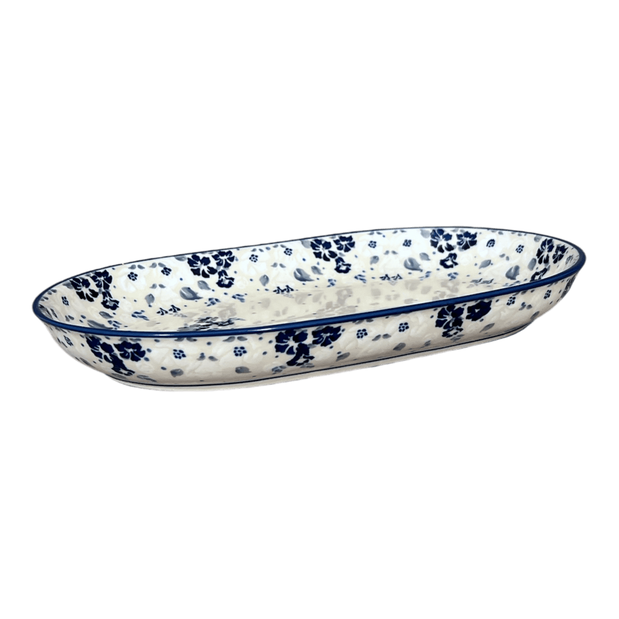 Plate, Roaster, Oval, 7"x11" in "Blue & White Trumpet Vines" by Manufaktura | P099U-JZ43