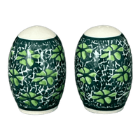 A picture of a Polish Pottery Small Salt & Pepper Set (Pride of Ireland) | A735S-2461X as shown at PolishPotteryOutlet.com/products/small-salt-pepper-set-pride-of-ireland-a735s-2461x