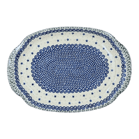 A picture of a Polish Pottery Tray, Oval, Handles, 10.75" x 15.25" in "Starry Sea" by Ceramika Artystyczna | A684-454C as shown at PolishPotteryOutlet.com/products/10-75-x-15-25-oval-tray-with-handles-starry-sea-a684-454c