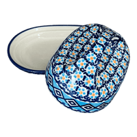 A picture of a Polish Pottery Fancy Butter Dish (Blue Diamond) | M077U-DHR as shown at PolishPotteryOutlet.com/products/7-x-5-fancy-butter-dish-blue-diamond-m077u-dhr