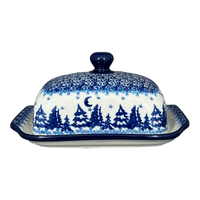 A picture of a Polish Pottery Butter Dish, 7" x 5.5" in "Winter Skies" by Ceramika Artystyczna | A295-2826X as shown at PolishPotteryOutlet.com/products/c-a-butter-dish-winter-skies-a295-2826x