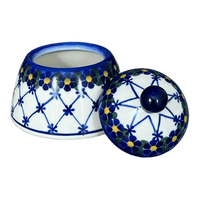 A picture of a Polish Pottery Bowl, Bell-Shaped, Sugar Bowl, 4", WR (WR9A) in "Blue Floral Trellis" by W.R. Ceramika | WR9A-DT3 as shown at PolishPotteryOutlet.com/products/4-sugar-bowl-bell-blue-floral-trellis-wr9a-dt3