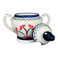A picture of a Polish Pottery Zaklady Bird Sugar Bowl (Scarlet Stitch) | Y1234-A1158A as shown at PolishPotteryOutlet.com/products/bird-sugar-bowl-scarlet-stitch-y1234-a1158a
