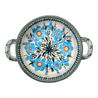 A picture of a Polish Pottery Casserole, Round, Small, 5" x 7.5" in "Baby Blue Blossoms - Solid Rim" by Manufaktura | Z153S-JS49A as shown at PolishPotteryOutlet.com/products/small-round-casserole-baby-blue-blossoms-solid-rim-z153s-js49a