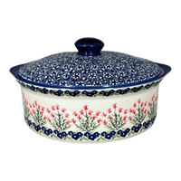 A picture of a Polish Pottery 8" Deep Round Baker with Lid (Burning Thistle) | Z128S-P270 as shown at PolishPotteryOutlet.com/products/8-deep-round-baker-w-lid-burning-thistle-z128s-p270