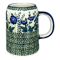 A picture of a Polish Pottery Small Tankard (Bouncing Blue Blossoms) | K054U-IM03 as shown at PolishPotteryOutlet.com/products/22-oz-bavarian-tankard-bouncing-blue-blossoms-k054u-im03