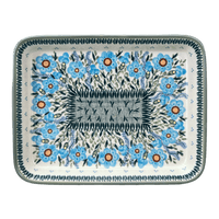 A picture of a Polish Pottery Baker, Rectangular, 9" x 11" in "Baby Blue Blossoms - Solid Rim" by Manufaktura | P104S-JS49A as shown at PolishPotteryOutlet.com/products/9x11-rectangular-baker-baby-blue-blossoms-solid-rim-p104s-js49a