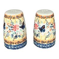 A picture of a Polish Pottery 3.75" Salt and Pepper (Butterfly Bliss) | S086S-WK73 as shown at PolishPotteryOutlet.com/products/3-75-salt-and-pepper-butterfly-bliss-s086s-wk73