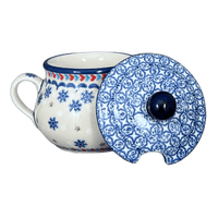 A picture of a Polish Pottery 3.5" Traditional Sugar Bowl (Snowflake Love) | C015U-PS01 as shown at PolishPotteryOutlet.com/products/3-5-traditional-sugar-bowl-snowflake-love-c015u-ps01