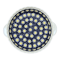 A picture of a Polish Pottery Pie Plate with Handles (Mornin' Daisy) | Z148T-AM as shown at PolishPotteryOutlet.com/products/pie-plate-with-handles-mornin-daisy-z148t-am