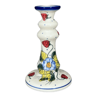 A picture of a Polish Pottery Candlestick, 7", WR (WR22C) in "Strawberries & Blossoms" by W.R. Ceramika | WR22C-WR2 as shown at PolishPotteryOutlet.com/products/7-candlestick-strawberries-blossoms-wr22c-wr2