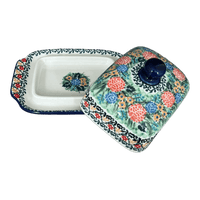 A picture of a Polish Pottery Butter Dish, 7" x 5.5" in "Garden Trellis" by Ceramika Artystyczna | A295-U2123 as shown at PolishPotteryOutlet.com/products/c-a-butter-dish-garden-trellis-a295-u2123