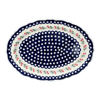 A picture of a Polish Pottery Large Scalloped Oval Platter (Cherry Dot) | P165T-70WI as shown at PolishPotteryOutlet.com/products/16-75-x-12-25-large-scalloped-oval-platter-cherry-dot-p165t-70wi