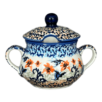 A picture of a Polish Pottery 3.5" Traditional Sugar Bowl (Hummingbird Harvest) | C015S-JZ35 as shown at PolishPotteryOutlet.com/products/3-5-the-traditional-sugar-bowl-hummingbird-harvest-c015s-jz35