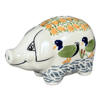 A picture of a Polish Pottery Bank, Piggy, 6" x 3" in "Ducks in a Row" by Manufaktura | S011U-P323 as shown at PolishPotteryOutlet.com/products/piggy-bank-ducks-in-a-row-s011u-p323