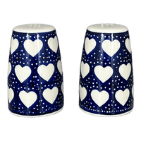 A picture of a Polish Pottery 3.75" Salt and Pepper (Sea of Hearts) | S086T-SEA as shown at PolishPotteryOutlet.com/products/3-75-salt-and-pepper-sea-of-hearts-s086t-sea