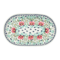 A picture of a Polish Pottery 7"x11" Oval Roaster (Daisy Crown) | P099T-MC20 as shown at PolishPotteryOutlet.com/products/7x11-oval-roaster-diasy-crown-p099t-mc20