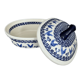 Polish Pottery Zaklady 12.5" x 10" Large Covered Baker (Rooster Blues) | Y1158-D1149 Additional Image at PolishPotteryOutlet.com