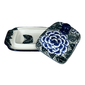 Polish Pottery Butter Dish, 7" x 5.5" in "Blue Dahlia" by Ceramika Artystyczna | A295-U1473 Additional Image at PolishPotteryOutlet.com