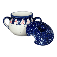 A picture of a Polish Pottery 3.5" Traditional Sugar Bowl (Christmas Chapel) | C015T-CHDK as shown at PolishPotteryOutlet.com/products/3-5-the-traditional-sugar-bowl-christmas-chapel-c015t-chdk