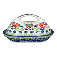 A picture of a Polish Pottery Fancy Butter Dish (Floral Fans) | M077S-P314 as shown at PolishPotteryOutlet.com/products/7-x-5-fancy-butter-dish-floral-fans-m077s-p314