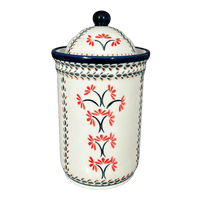 A picture of a Polish Pottery Container, 2 Liter in "Scarlet Stitch" by Zaklady | Y1244-A1158A as shown at PolishPotteryOutlet.com/products/2-liter-container-scarlet-stitch-y1244-a1158a