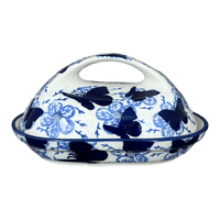 A picture of a Polish Pottery Fancy Butter Dish (Blue Butterfly) | M077U-AS58 as shown at PolishPotteryOutlet.com/products/7-x-5-fancy-butter-dish-blue-butterfly-m077u-as58