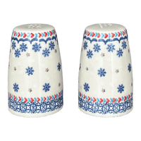 A picture of a Polish Pottery 3.75" Salt and Pepper (Snowflake Love) | S086U-PS01 as shown at PolishPotteryOutlet.com/products/3-75-salt-and-pepper-snowflake-love-s086u-ps01