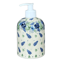 A picture of a Polish Pottery Soap Dispenser, 5.5" in "Hyacinth in the Wind" by Ceramika Artystyczna | A573-2037X as shown at PolishPotteryOutlet.com/products/5-5-soap-dispenser-hyacinth-in-the-wind-a573-2037x