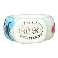 A picture of a Polish Pottery Napkin Ring, 2", WR (WR18B) in "Frosty & Friend" by W.R. Ceramika | WR18B-WR11 as shown at PolishPotteryOutlet.com/products/2-napkin-ring-frosty-friend-wr18b-wr11