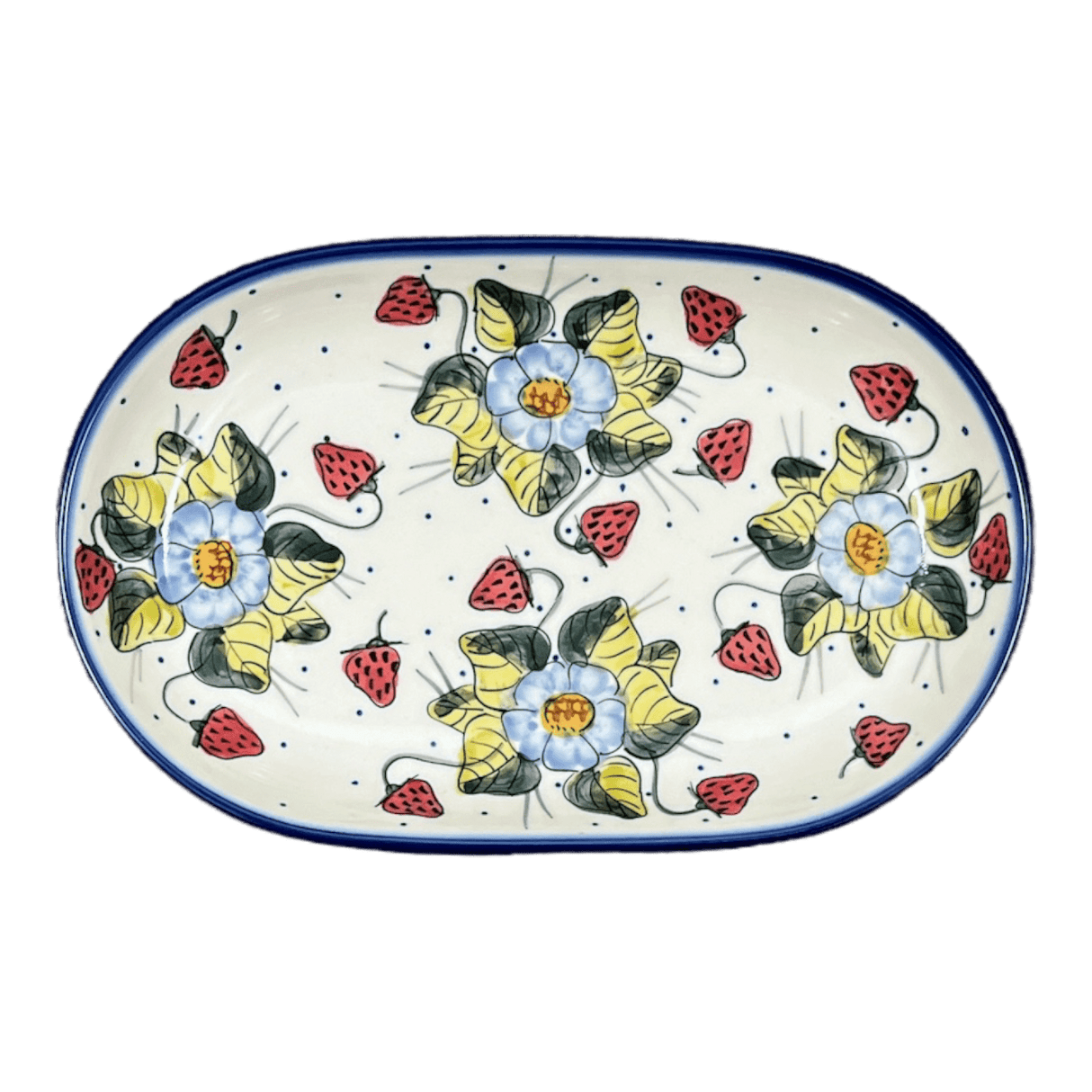 Plate, Roaster, Oval, 7" x 11", WR (WR13B) in "Strawberries & Blossoms" by W.R. Ceramika | WR13B-WR2