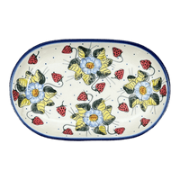 A picture of a Polish Pottery WR 7" x 11" Oval Roaster (Strawberries & Blossoms) | WR13B-WR2 as shown at PolishPotteryOutlet.com/products/7-x-11-oval-roaster-strawberries-blossoms-wr13b-wr2