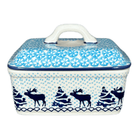 A picture of a Polish Pottery Butter Box (Peaceful Season) | M078T-JG24 as shown at PolishPotteryOutlet.com/products/5-75-x-4-25-butter-box-peaceful-season-m078t-jg24