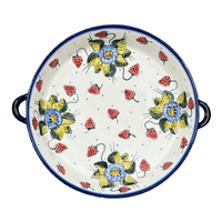 A picture of a Polish Pottery Casserole, Round Dish Handles, 11", WR (WR52C) in "Strawberries & Blossoms" by W.R. Ceramika | WR52C-WR2 as shown at PolishPotteryOutlet.com/products/11-round-casserole-dish-with-handles-strawberries-blossoms-wr52c-wr2