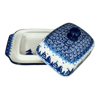 A picture of a Polish Pottery Butter Dish, 7" x 5.5" in "Winter Skies" by Ceramika Artystyczna | A295-2826X as shown at PolishPotteryOutlet.com/products/c-a-butter-dish-winter-skies-a295-2826x