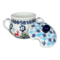 A picture of a Polish Pottery 3.5" Traditional Sugar Bowl (Reindeer Games) | C015T-BL07 as shown at PolishPotteryOutlet.com/products/3-5-the-traditional-sugar-bowl-reindeer-games-c015t-bl07
