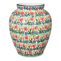 A picture of a Polish Pottery Vase, Tall, 6.5" in "Tulip Burst" by Ceramika Artystyczna | A345-U4226 as shown at PolishPotteryOutlet.com/products/c-a-6-5-tall-vase-tulip-burst-a345-u4226