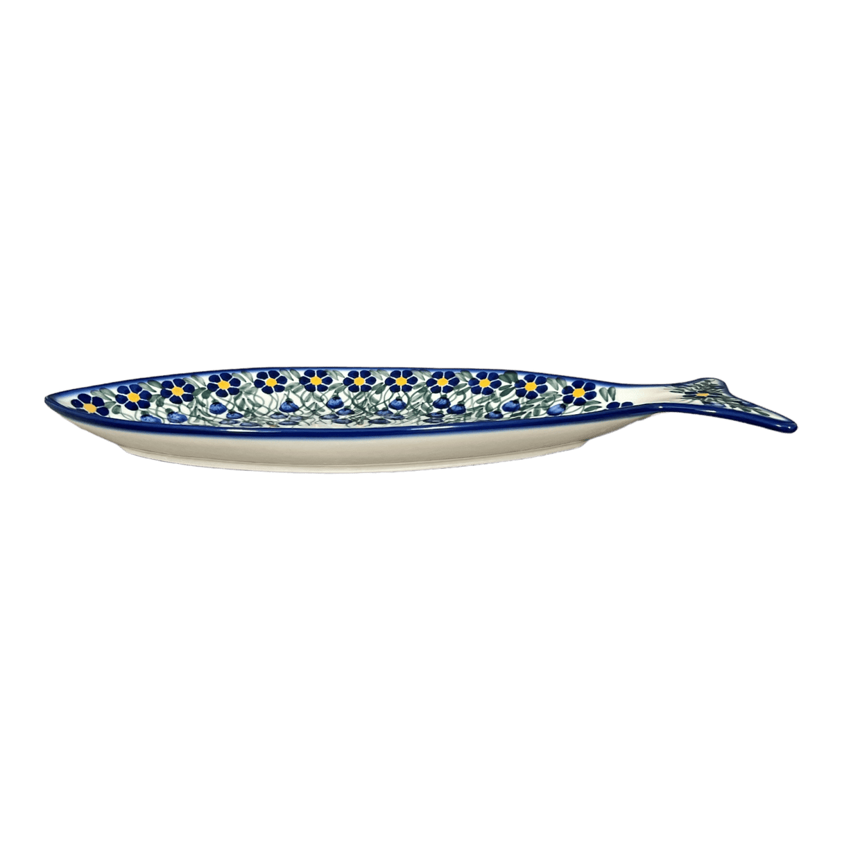 Plate, Fish-Shaped, 14.5" x 6.5", WR (WR13O) in "Modern Blue Cascade" by W.R. Ceramika | WR13O-GP1