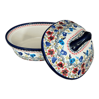 A picture of a Polish Pottery Zaklady 12.5" x 10" Large Covered Baker (Circling Bluebirds) | Y1158-ART214 as shown at PolishPotteryOutlet.com/products/12-5-x-10-large-covered-baker-circling-bluebirds-y1158-art214
