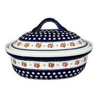 A picture of a Polish Pottery Baker, Covered, 12.5" x 10" Large in "Persimmon Dot" by Zaklady | Y1158-D479 as shown at PolishPotteryOutlet.com/products/12-5-x-10-large-covered-baker-persimmon-dot-y1158-d479