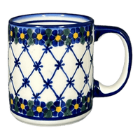 A picture of a Polish Pottery WR 12 oz. Straight Mug (Blue Floral Trellis) | WR14E-DT3 as shown at PolishPotteryOutlet.com/products/12-oz-straight-mug-blue-floral-trellis-wr14e-dt3