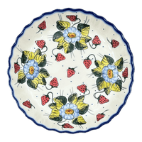 A picture of a Polish Pottery Pan, Tart, 9.8", WR (WR52D) in "Strawberries & Blossoms" by W.R. Ceramika | WR52D-WR2 as shown at PolishPotteryOutlet.com/products/tart-pan-strawberries-blossoms-wr52d-wr2