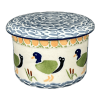 A picture of a Polish Pottery Butter Crock (Ducks in a Row) | M136U-P323 as shown at PolishPotteryOutlet.com/products/4-5-butter-crock-ducks-in-a-row-m136u-p323
