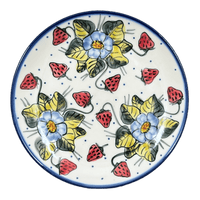 A picture of a Polish Pottery Plate, Round, Dessert, 7.75", WR (WR5G) in "Strawberries & Blossoms" by W.R. Ceramika | WR5G-WR2 as shown at PolishPotteryOutlet.com/products/7-75-round-dessert-plate-strawberries-blossoms-wr5g-wr2