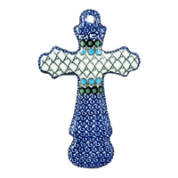 A picture of a Polish Pottery Cross, Large, 7.75" in "Mediterranean Waves" by Ceramika Artystyczna | A533-U72 as shown at PolishPotteryOutlet.com/products/large-cross-mediterranean-waves-a533-u72