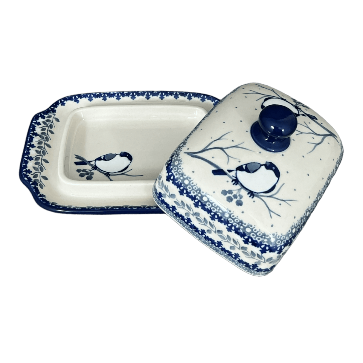 Butter Dish, 7" x 5.5" in "Bullfinch on Blue" by Ceramika Artystyczna | A295-U4830