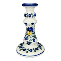 A picture of a Polish Pottery Candlestick, 7", WR (WR22C) in "Pansy Wreath" by W.R. Ceramika | WR22C-EZ2 as shown at PolishPotteryOutlet.com/products/7-candlestick-pansy-wreath-wr22c-ez2